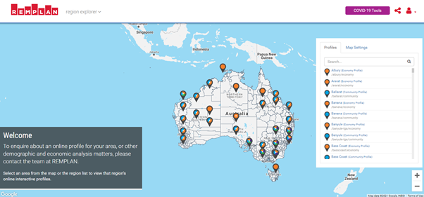 Map showing landing page of Region Explorer application.